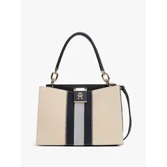 TOMMY HILFIGER - Bolso beige tote de lona con rayas y correa cruzada