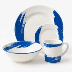KW - Vajilla en Melamina Clásica Blanca con Pinceladas Azules – 16 Piezas