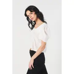 KOAJ - Blusa unicolor manga corta tipo globo con escotes cuadr Mujer