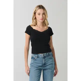 KOAJ - Camiseta negra ceñida cuello V con detalle de encaje Mujer