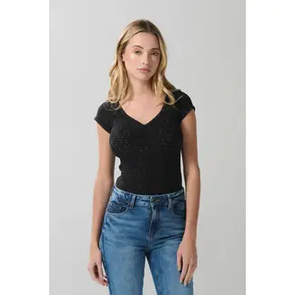 KOAJ - Camiseta negra con cuello V, manga corta y texturas Mujer