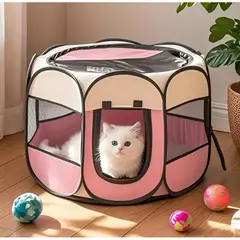 ONE PIXEL - Corral Para Mascotas Portátil BiegeRosada 70x44x70 Cm