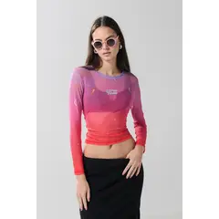 KOAJ - Camiseta femenina tejido en malla traslucido estampado co MUJER