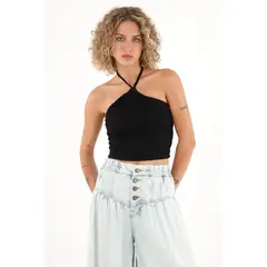 TOPMARK - Camiseta crop de tiras que anudan en cuello negra para mujer