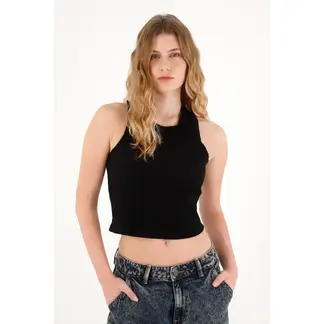 TENNIS - Camiseta negra en rib manga sisa para mujer