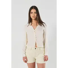 KOAJ - Blusa en satín unicolor con manga larga y cuello camise Mujer