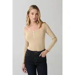KOAJ - Camiseta kaki con cuello bandeja, manga larga y botones Mujer