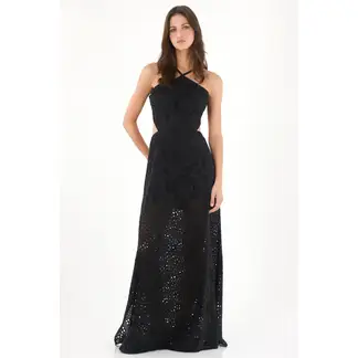 TENNIS - Vestido largo de cuello halter en tela ojalillo negro para mujer