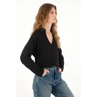 TENNIS - Camisa negra cuello neru en 100% lino para mujer