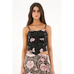 TOPMARK - Camisa tipo crop top negra estampada para mujer