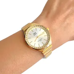 Q&Q - Reloj Dorado Fondo Blanco Con Piedras Acero Inox Original + Caja