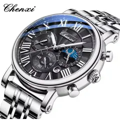 CHENXI - RELOJ ORIGINAL ACERO CRONOGRAFO CX973 PLATEADO NEGRO
