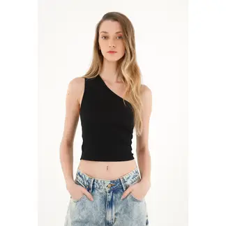 TOPMARK - Camiseta de un solo hombro negra para mujer