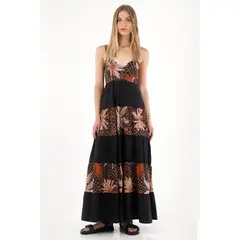 TENNIS - Vestido largo de franjas estampadas negro para mujer