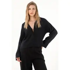 TENNIS - Camisa negra manga larga 100% lino para mujer
