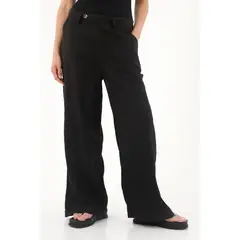 TENNIS - Pantalón Wide Leg negro en 100% lino para mujer