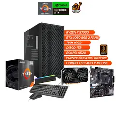 Torre Gamer Ryzen 7 5700G Chasis Corsair 3000D RTX 4060 8GB 16GB RAM 1TB SSD