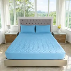HOGARETO - Protector Colchón Acolchado Celeste Cama Semidoble + 2 Fundas de Almohadas