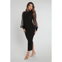 NEGRELI - Vestido Midi Negro DE MUJER con Mangas de Transparente
