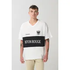 KOAJ - Camiseta crema oversize college con cuello V y contrast Hombre