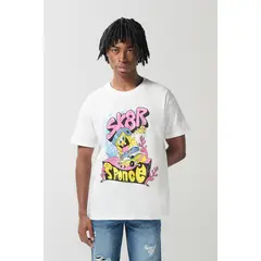 KOAJ - Camiseta en algodón de Bob Esponja crema cuello redondo Hombre