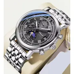 CHENXI - RELOJ ORIGINAL ACERO CRONOGRAFO CX976 PLATEADO NEGRO