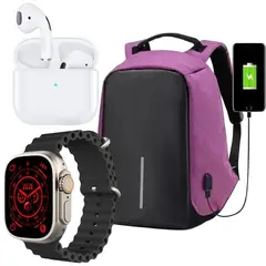 GENERICO - Combo Bolso Antirrobo Grande Morado + Audifono Pro 4 + T800 Ultra