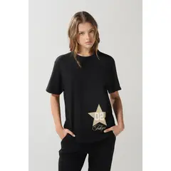 KOAJ - Camiseta en algodón negra manga corta con diseño colleg Mujer