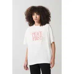 KOAJ - Camiseta crema oversize con texto en frente y manga co Mujer