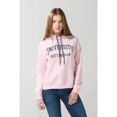 KOAJ - Buzo rosado claro con capota y estampado college MUJER