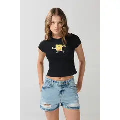 KOAJ - Camiseta en rib de Bob Esponja manga corta negra Mujer