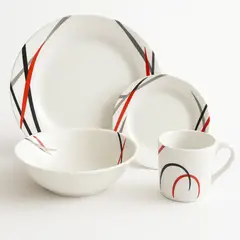 KITCHENWARE - Vajilla en Melamina Blanca Redonda con Líneas Rojas y Negras 16 Piezas