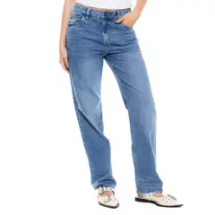 COLOR BLUE - High Waist Straight Fit Jeans Tono Medio