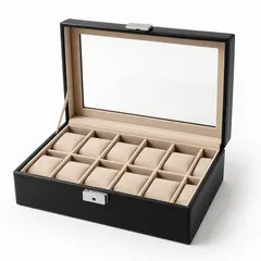 GENERICO - Caja Organizadora En Cuero Sintético Para 12 Relojes Tapa De Vidrio
