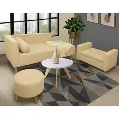 DKO DESIGN - Combo sala Sofá + Puff + Banqueta Baúl Beige + Mesa de Centro