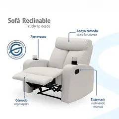 MUEBLES FIOTTI - Silla Reclinable 1 Puesto con portavasos Tela Gris Trudy
