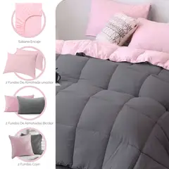 MY HOME STORE - Combo Edredón Cover Bicolor Rosado - Gris Oscuro S