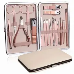 GENERICO - KIT SET JUEGO PEDICURE MANICURE CORTAUÑAS ACERO INOXIDABLE X 18-ROSA