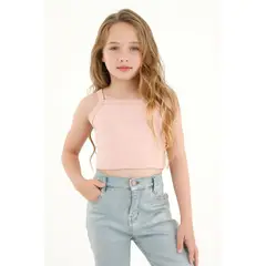 TENNIS - Camiseta crop rosada en rib para niña