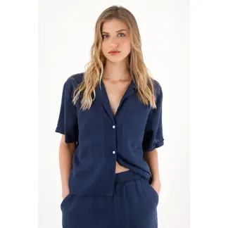 TENNIS - Camisa azul en 100% lino manga corta para mujer