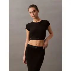 CALVIN KLEIN - Camiseta Negra de Estar Por Casa Cropped Cotton Stretch Rib