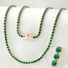GLEAM GOLD - Cadena Collar Oro Laminado 18K Tejido Tennis 3 MM 65 CM Piedras Verdes