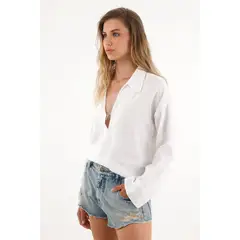 TENNIS - Camisa blanca manga larga con escote 100% lino para mujer