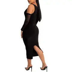 NEGRELI - Vestido Negro con Mangas Transparentes – Corte Midi Ajustado