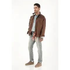 TENNIS - Abrigo café con efecto cuero para hombre