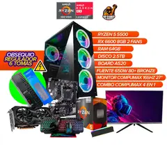 AMD - PC Gamer Ryzen 5 5500/ RX 6600 8GB/ 64GB RAM / 2.5TB / A520 /650W BRZ+ Monitor