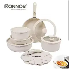 GENERICO - Set Juego Ollas 17 Piezas Granito Marmol Antiadherente Donnor Crema