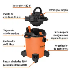TRUPER - Aspiradora Sopladora 4480 W 19 L Sólidos Y Líquidos