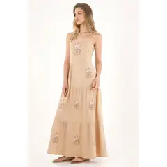 TENNIS - Vestido largo con vuelo y apliques bordados crudo para mujer