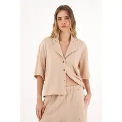 TOPMARK - Camisa manga corta tejida café para mujer